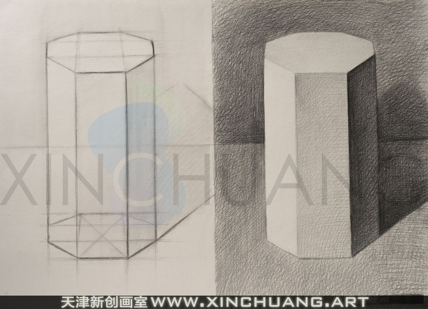 天津新创画室考研高考美术教学素描几何体棱柱正面基础训练