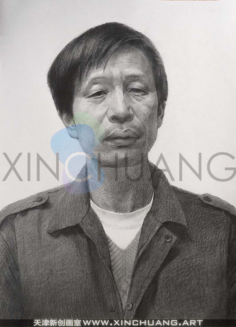 素描男中年正面胸像写生解析天津美术培训